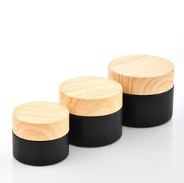 black frosted glass bottle jars cosmetic jars with woodgrain plastic lids PP liner 5g 10g 15g 20g 30 50g lip balm cream containers6128593