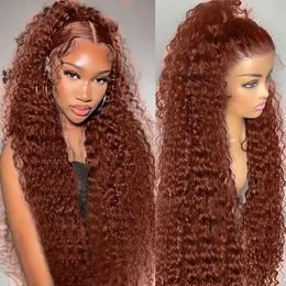 40 Inch Brazilian Glueless Reddish Brown Deep Wave Frontal Wig 250 Density Copper Red Curly Simulation Human Hair Wig 13x4 HD Lace Fron Kgbu