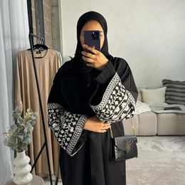 Ethnic Clothing Cotton Linen Open Abaya Kimono Floral Embroidery Sleeves Cardigan Muslim Abayas For Women Dubai Islamic Kaftan Dress