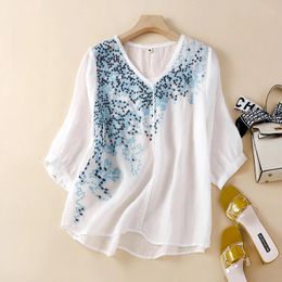 Women's Blouses Cotton Linen Floral Shirts Summer 2024 Embroidery Chinese Style Loose Top Short Sleeve Clothing YCMYUNYAN