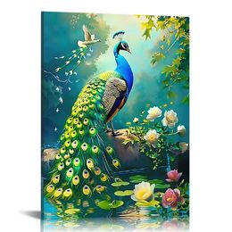 Canvas Wall Art,Pond Peacock Print Canvas for Bedroom Living Room Kitchen Bathroom Corridor Dining Room Hotel Decor