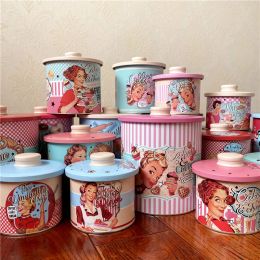 3Pcs/Lot Vintage Pretty Girl Large Capacity Metal Box Snack Candy Coffee Storage Sealed Cans Household Kitchen Store Content Box