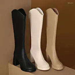 Boots Women Knee High 3cm Platform 8cm Heels Square Mid White Lady Fetish Stripper Booties Leather Zipper Shoes