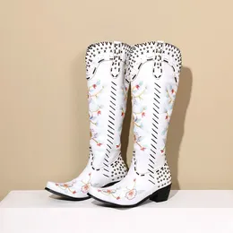 Boots BLXQPYT Botas De Mujer 2024 Women White Leather Embroidered Knee High Sexy Pointed Toe Heels Knight 0124