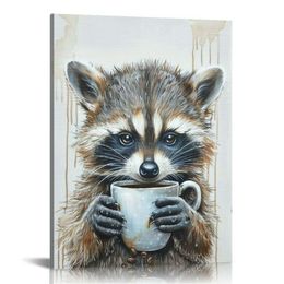 Raccoon che tiene la pittura in tela da caffè - Poster Animal Poster Funny Animal Arte Impegiusta per il salo
