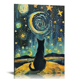 The Starry Night Cat Canvas Wall Art Black Cat Poster Funny Cat Print Colourful Abstract Farmhouse Gallery Aesthetic Room Wall Decor for Bedroom
