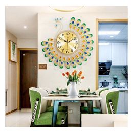 Wall Clocks Large 3D Gold Diamond Peacock Clock Metal Watch For Home Living Room Decoration Diy Crafts Ornaments Gift Drop Delivery Ga Ot6Ct