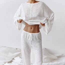 Home Clothing 2024 Sexy And Fashionable Knitted White Long Sleeved Pajamas Pants Set Soft Skin Friendly For Women