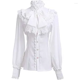 Women's Blouses Gothic Retro Long Sleeve Shirt Sleeved Lace Ruffled Bow Neckline Lolita White Top Victorian Button Office