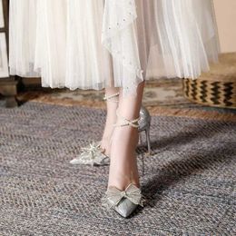 Dress Shoes Elegant Silver High Heels Pumps Women Autumn Ankle Straps Party Woman Pointed Toe Bowtie Wedding H240527