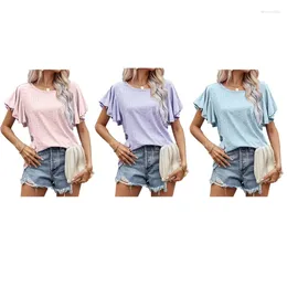 Women's T Shirts Womens Summer Flared Ruffle Short Sleeve Hollow-Out Dot Loose T-Shirt Crew Neck Solid Color Blouses Pullover Tunic Top