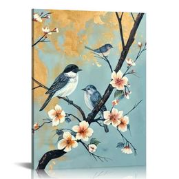 Birds White Flower Painting Teal Canvas Wall Art Blue Botanical Bird Artwork Framed Japanese Blue Wall Decor for Living Room Bedroom Bathroom