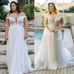 2020 New Arrival Wedding Gowns Lace Applique Sleeveless Plus Size Wedding Dresses A Line Sweep Train Zipper Off Shoulder Tulle Bridal G 310H