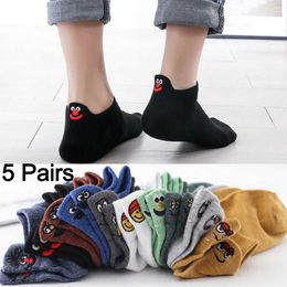 Men's Socks 5 pairs of mens short socks 10 pieces of womens cartoon embroidered cotton ankle socks set fun expression of happiness Kawaii socks calcium Y240528