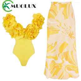 Women's Swimwear MUOLUX 2024 Flower One Piece Swimsuit Luxury Women Sexy Swim Suit Deep V Monokini Off Shoulder Bodysuit Bathingsuit