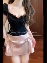 Work Dresses Spicy Girl Fashion Print T-shirt Wrap Hip Skirt Two Piece Set Women Bow Lace Up Splice Collarbone Slim Summer Chic Lady