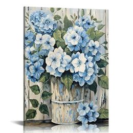 Blue Floral Wall Art Farmhouse Wall Decor Canvas Picture Print for Bathroom Bedroom Living Room Dining Room
