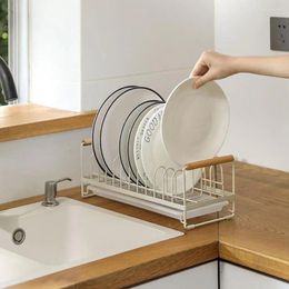 Kitchen Storage Dish Rack Space-saving Wooden Handle Draining And Ventilation Silicone Anti-slip Waterproof Bowl Plate