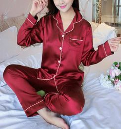 2PCS Pajamas Sets Women Lapel Imitation Silk Long Sleeve Home Wear Ladies Mujer Sexy Satin TopsPants Nightgown Sleepwear Autumn 21328384