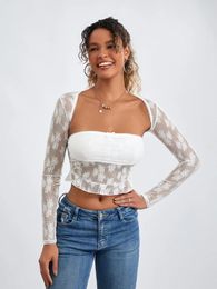 Women's T Shirts Wsevypo Sexy Lace Floral Tube Tops With Long Sleeve Shrug 2Piecse Sheer Mesh Outfits Clubwear Spring Fall Crop