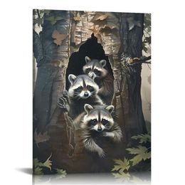 Animal Art Print Poster - Farmhouse Canvas Wall art Painting Decor - Raccoon In Tree Hole Art Home Decor Artwork - For Wall Pictures for Living Room Decor