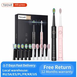 Toothbrush Fairywill Sonic Electric Toothbrush E11 Waterproof USB Charge With 8 Brush Replacement Heads Black and Pink Set for Couple Q240528