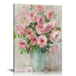 Framed Pink Flowers Canvas Prints Wall Art Roses in Vase Wall Decor Nature Rustic Woman Home Decor Painting Picture for Bathroom Bedroom Living Room Ready To Hang