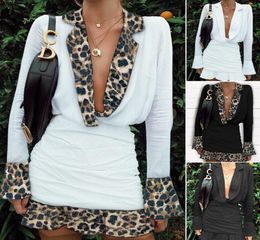 US Sexy Women Deep V Neck Lapel Shirt Dress Plunge Ruched Ruffle Cuff Mini Dress5547876