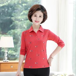 Women's Polos Autumn Cottom Polo Shirt Women Red Grey Navy Blue Long Sleeve Turn Down Collar Top Middle Aged Woman Clohthings Plus Size