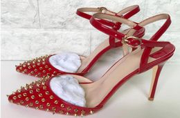bottoni rivetti sandali con tacco alto femminile scarpe punta di piedi nere da ballo da 10 cm Scarpe da nozze di nozze di grandi dimensioni Euro45 Pumps3580688