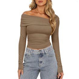 Women's T Shirts TETYSEYSH Long Sleeve Tops Tight Fitted One Off Shoulder Asymmetrical Neck Ruched Solid Colour Crop Shirt