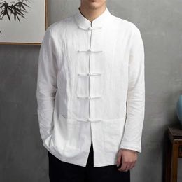 Men's Casual Shirts Men Autumn Chinese Style Shirt Top Mandarin Collar Long Sleeve Shirt Traditional Kung Fu Tai Chi Shirt Tang Tops Uniform z240528