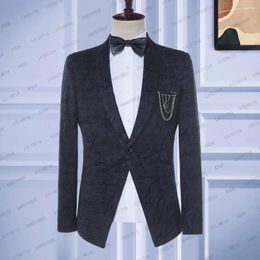 Men's Suits 2024 Wedding Tuxedos Men Suit Dark Grey Velvet Pattern Slim Fit Groomsmen Male Casual Formal Business Jacket Blazer Coat
