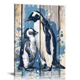 Granatowy pingwin płótna sztuka ścienna vintage pingwiny rodzina miłość romantyczna do salonu sypialnia do sypialni wystrój łazienki gotowy do powieszenia