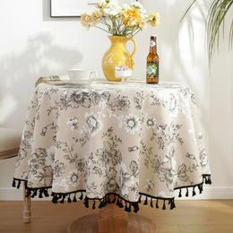 Table Cloth Simple Retro Style Cotton And Linen Tassel With Small Broken Flowers Round Tablecloth Ins Wind