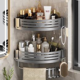 Bathroom Corner Shelf Wall Mounted Aluminum Organizer With Hook Towel Bar No Drill Shelves Storage Rack Bathroom Items Hardwares 240528