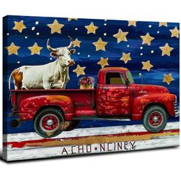 4th of July Framed Canvas Wall Art for Living Room USA Flag Truck With Sunflower Wall Decor, Farmhouse Cow Wood Grain Aesthetic for Kitchen, Ready to Hang Wall Pictures