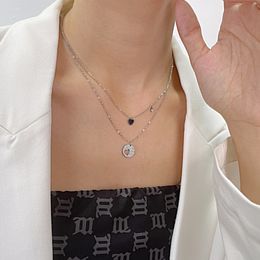 Fashion niche titanium steel double layer love versatile clavicle chain hollow full diamond necklace