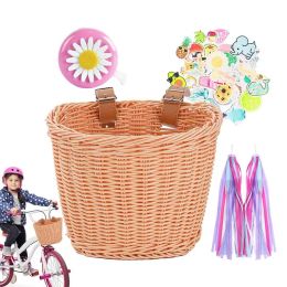 Kids Bike Basket Washable Woven Rattan Kids Bike Basket Lightweight Kids Bike Basket Fun DIY Front Storage For Boys Girls