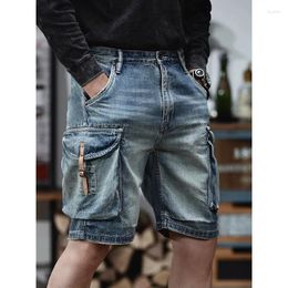 Men's Jeans Classic American Cargo Retro Denim Shorts Men Blue Summer Medium Pants Contrast Colour Trend Casual Loose Five Quarter