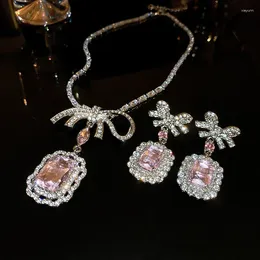 Necklace Earrings Set Pink Crystal Zircon Jewellery Women Fashion Square Bow Pendant Drop Light Luxury Party Wedding