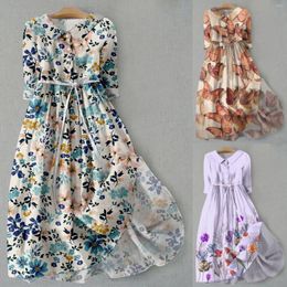 Casual Dresses Women's Art Floral Print Button Mid Long Sleeve Loose Large Hem Drape Dress Summer Tunics