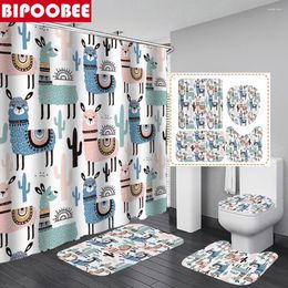 Shower Curtains Funny Cartoon Curtain Alpaca Printed Bathroom For Washroom Decor Bath Mat Toilet Lid Cover Carpet Anti-slip Rugs