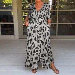 Casual Dresses Short Sleeve Women Dress Leopard Print V Neck Maxi With Contrast Color Pockets Stylish Ankle Length Women's For A