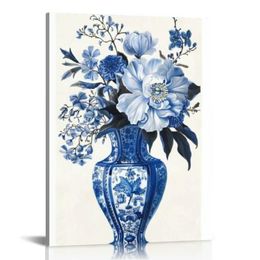 Chinoiserie Wall Art Print -Peony Flower Canvas Print - Chinese Blue White Porcelain Vase Artwork for Garden Farmhouse Office Decor