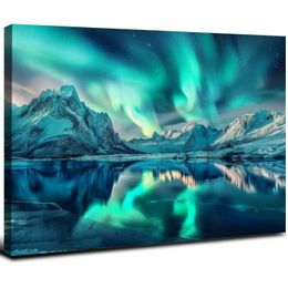 Large Nature Canvas Wall Art on Solid Wood Frame - Printed Pictures of World Beauty - Wall Decor for Living Room, Bedroom, Kitchen (Northern Lights Over Lake,)