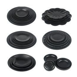 Japanese porcelain like frosted black buffet hot pot tableware round melamine plate cover rice plate thread plastic plate-B