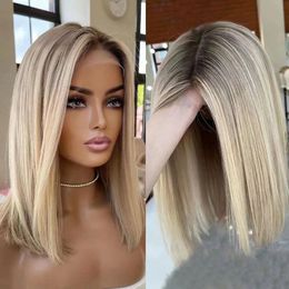 Brazilian Short Ash Blonde 360 Lace Frontal Wig Brown Highlight Wig 13x4 Straight Bob Wig Lace Front Simulation Human Hair Wigs for Women
