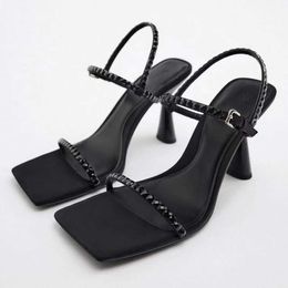 Dress Shoes Summer Black Leather High Heel Sandals Women 2023 Sexy Buckled Ankle Strap Classic Pumps Lady Fashion Party Heeled H240527 09JX