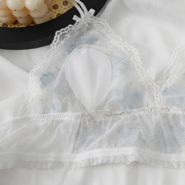 Sexy White Lingerie Set French Lace Blue Flowers Embroidery Bra Set Women Ultra Thin Breathable Underwear Triangle Cup Bralette